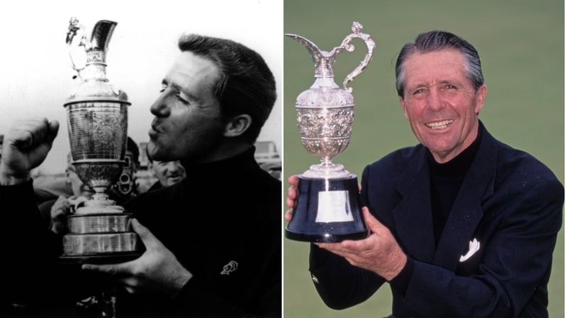 Gary Player mit dem Claret Jug nach seinem Sieg bei der Open Championship 1968 und Jahre später mit derselben Trophäe. (Fotos: Getty)