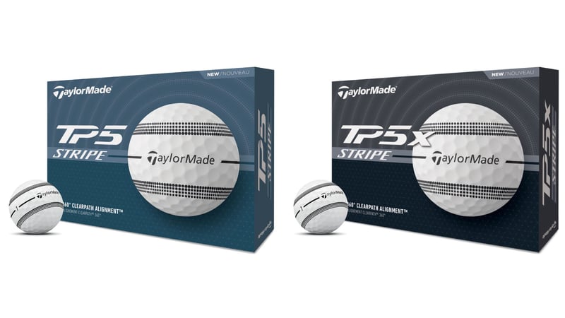 Die neuen TaylorMade TP5 und TP5x Stripe-Golfbälle mit verbesserter Ausrichtungstechnologie und Tour-Performance. (Foto: TaylorMade)