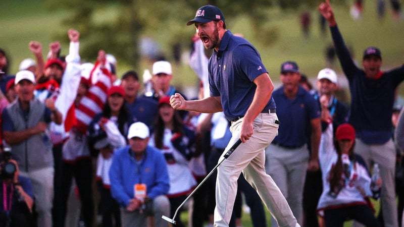 Patrick Cantlay jubelt nach einem Putt auf dem 18. Grün während der Samstags-Foursomes des Presidents Cup 2024. (Foto: Getty)