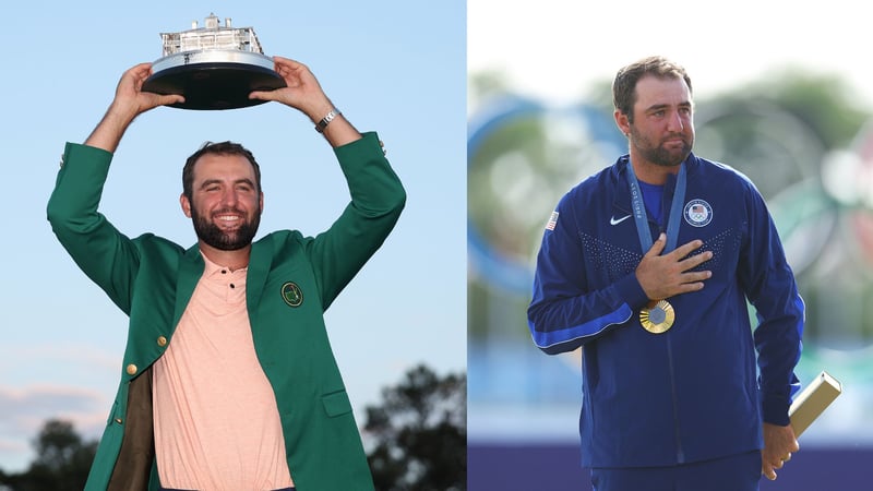 Scottie Scheffler bei seinen vermutlich größten Triumphen 2024: Dem US Masters und den Olympischen Spielen. (Fotos: Getty)