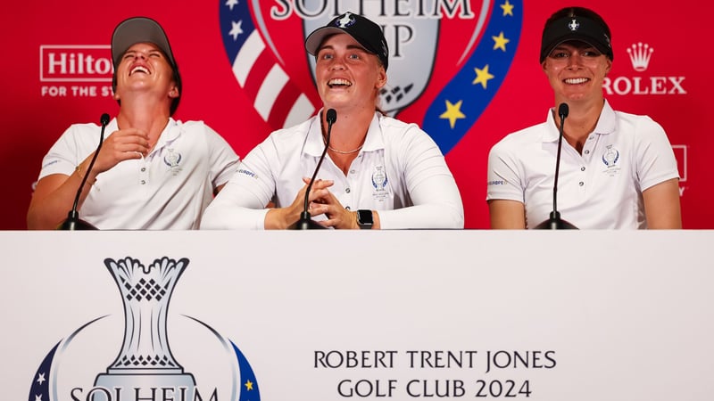 Linn Grant, Maja Stark und Esther Henseleit hatten bei der Pressekonfernez im Vorfeld des Solheim Cup 2024 sichtlich Spaß. (Quelle: Getty)