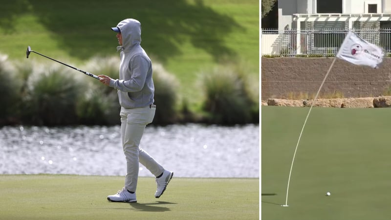 Die vom Wind gebogene Fahnenstange zeigt: Mützen und Kapuzen waren von Nöten. (Foto: Getty/ X @PGATour)