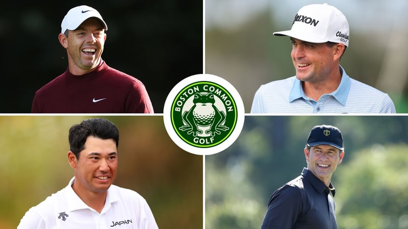 Rory McIlroy, Keegan Bradley, Hideki Matsuyama und Adam Scott sind die vier Mitglieder des Boston Common Golf. (Fotos: TGL Media Hub und Getty)