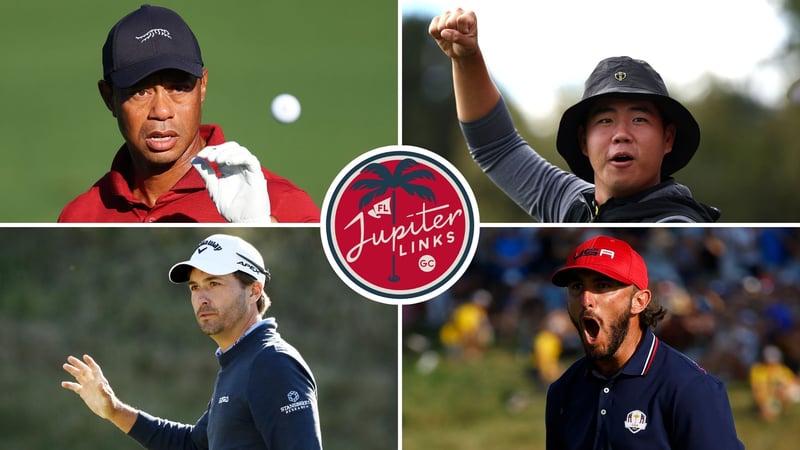 Jupiter Links GC mit Tiger Woods, Tom Kim, Kevin Kisner und Max Homa. (Fotos: Getty und TGL Media Hub)