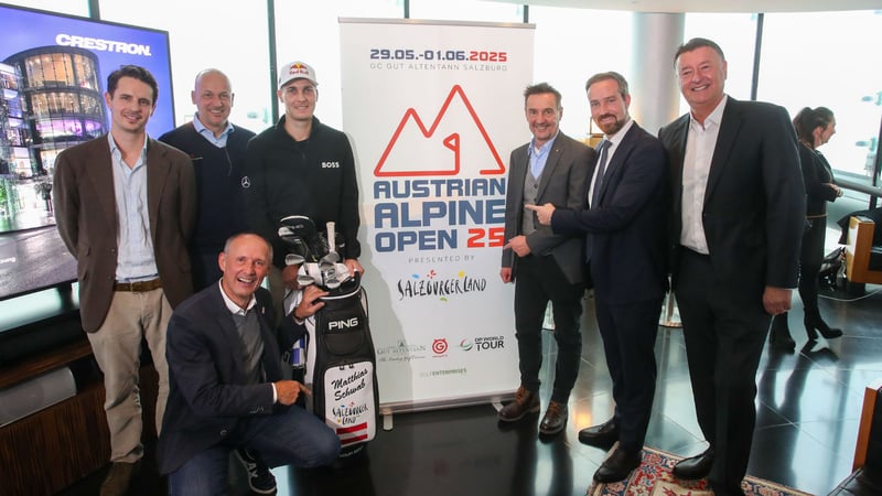 Von links: Karl Czernin (GF Open Golf Group / GC Gut Altentann), Niki Zitny (Sportdirektor OOEGV), Leo Bauernberger (GF SalzburgerLand Tourismus), Matthias Schwab (AUT), Martin Zauner (Landesrat Sport), Stefan Schnoell (LandeshauptmannSTV. Salzburg) und Edwin Weindorfer (CEO Golf Enterprises). (Foto: GEPA pictures/Mathias Mandl)