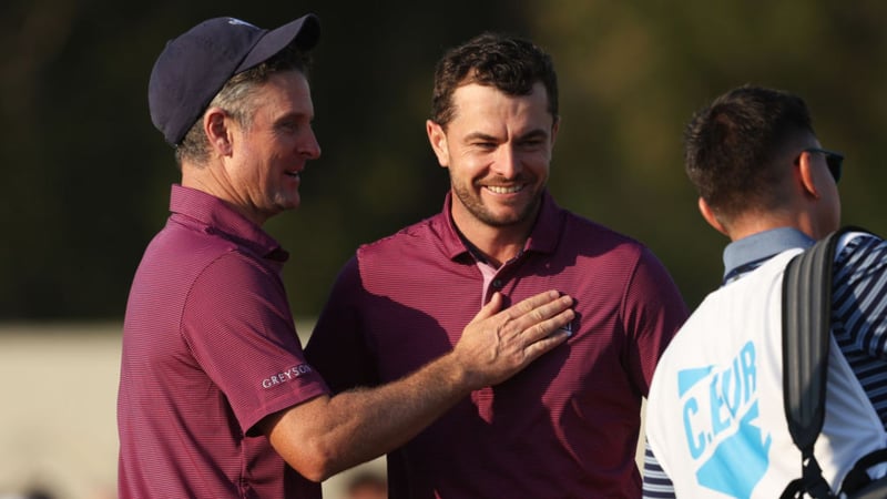 Kapitän von Team Großbritannien & Irland Justin Rose und Laurie Canter beim Team Cup 2025 der DP World Tour (Foto: Getty).