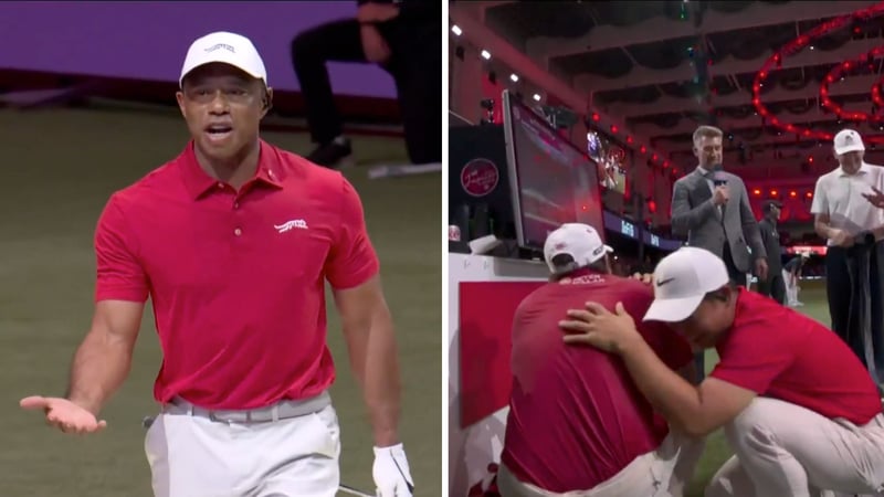 Tiger Woods' Fehler erheitert Kisner und Kim. (Screenshot: TGL)