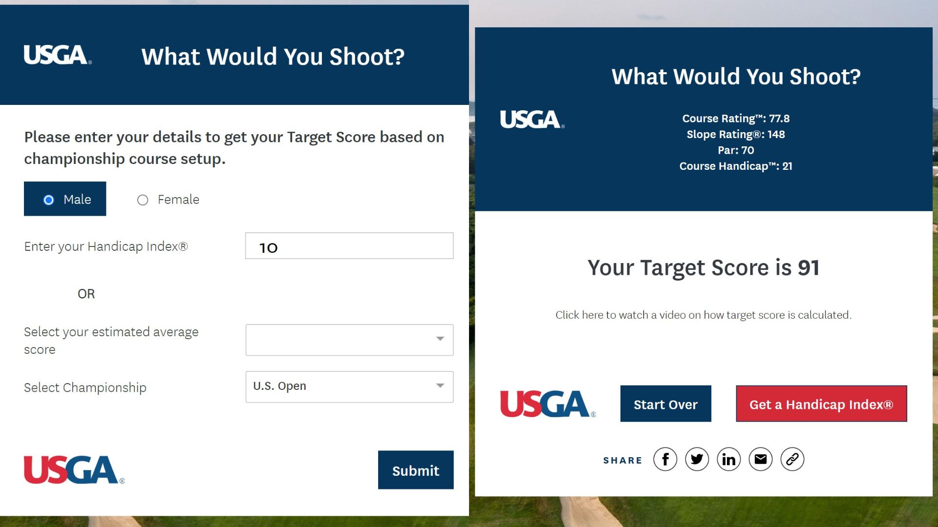 US Open 2024: Die Berechnung des Target Score anhand eines Beispiels. (Fotos: Screenshot USGA.org)