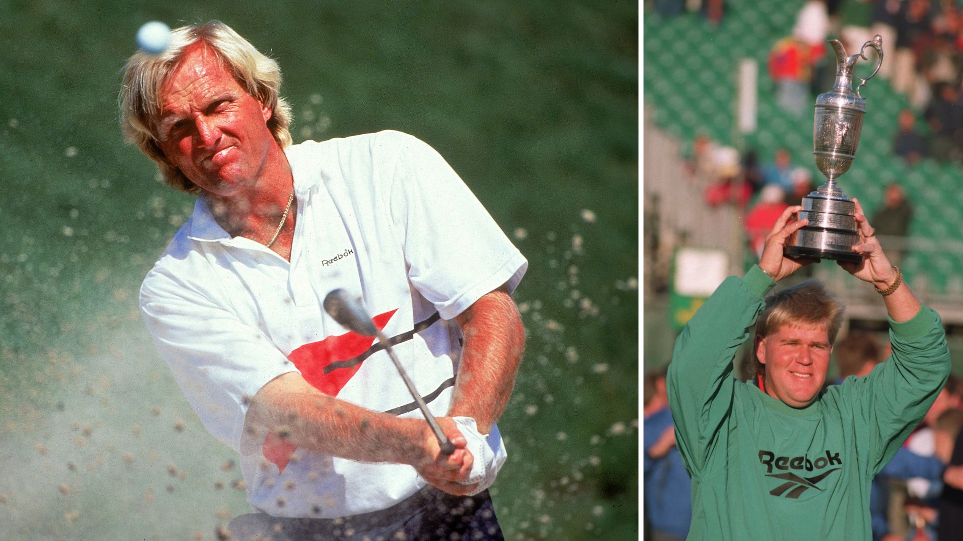 Greg Norman (links) bei der Australian Open 1996 und John Daly (rechts) bei der British Open 1995 in St. Andrews - beide in Reebok-Kleidung. (Fotos: Getty)